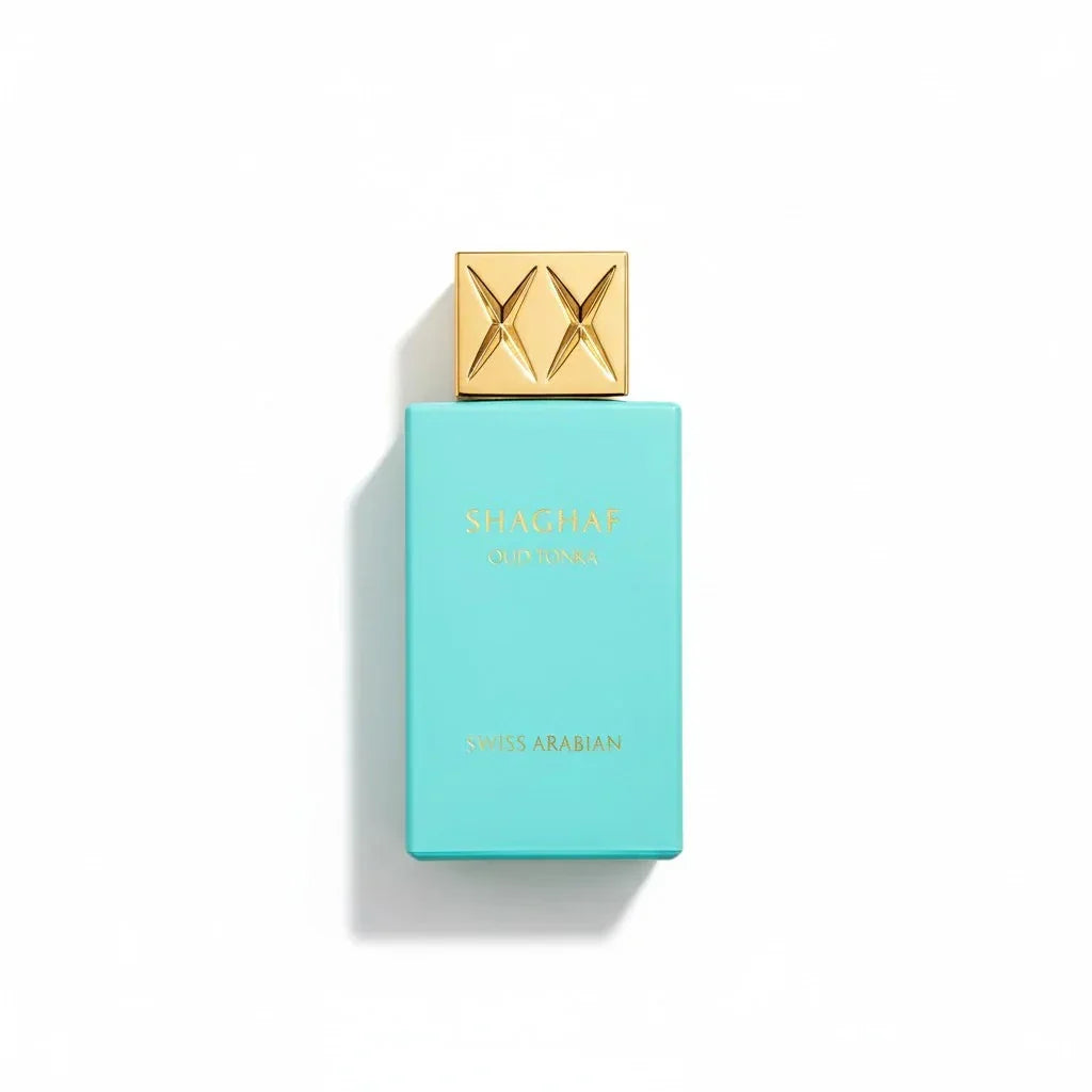 Luxusparfum Shaghaf Oud Tonka in türkisfarbener Flasche mit goldenem Verschluss auf weißem Hintergrund