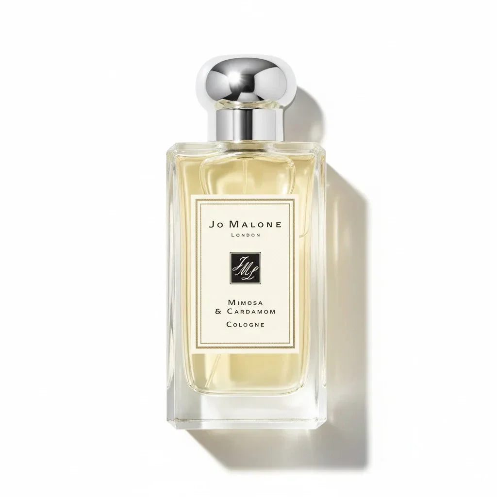 Ein gläserner Flakon von Jo Malone Cologne Mimosa & Cardamom mit silbernem Verschluss.