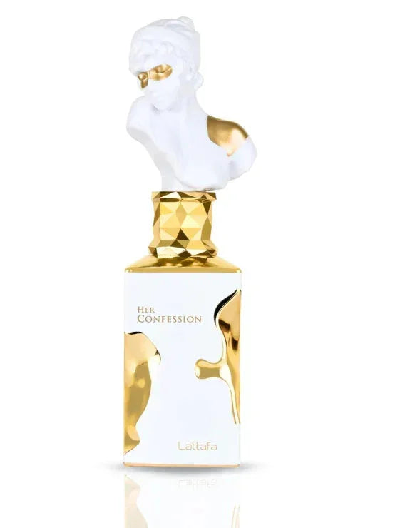 Luxus Parfumflakon in Weiß und Gold mit Büstenskulptur als Verschluss, elegantes Design