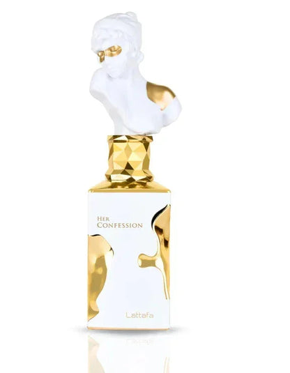 Luxus Parfumflakon in Weiß und Gold mit Büstenskulptur als Verschluss, elegantes Design