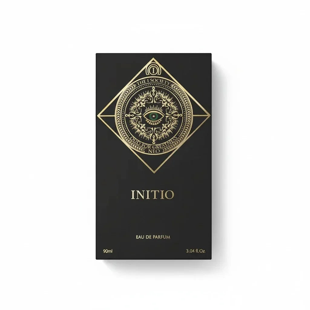 Schwarze Verpackung des Initio Oud for Greatness Neo Eau de Parfum mit goldenem Emblem.