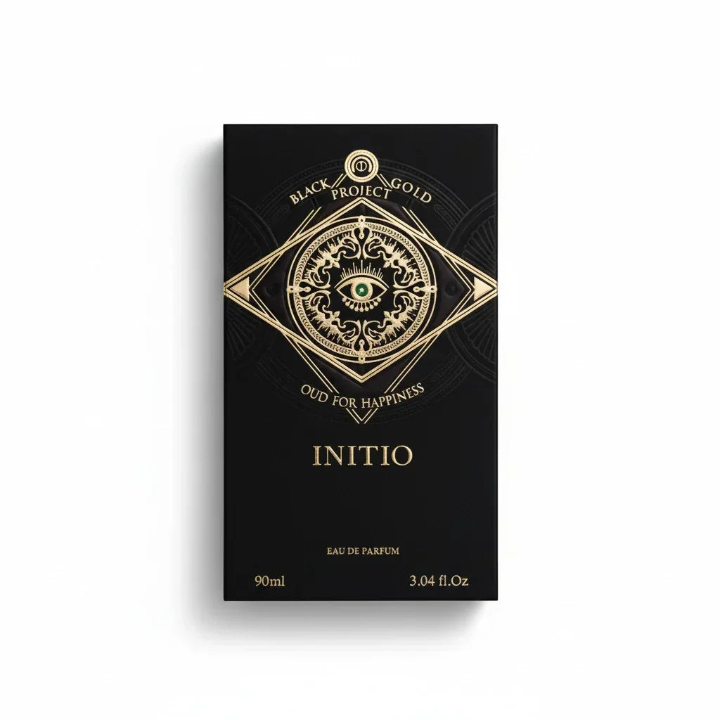 Initio Oud For Happiness Eau de Parfum in einer schwarzen Verpackung mit goldenem Auge-Design.