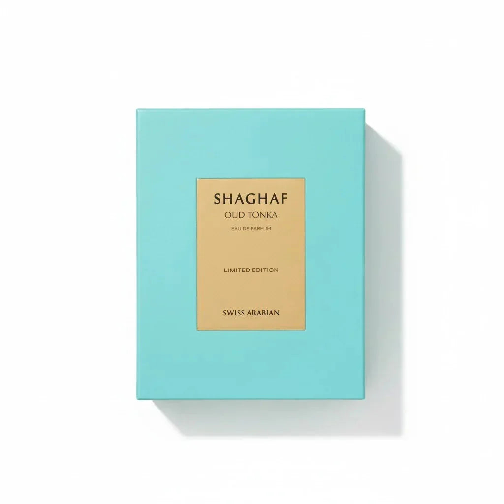 Shaghaf Oud Tonka Eau de Parfum Limited Edition Box, türkis mit goldener Beschriftung, Luxusduft