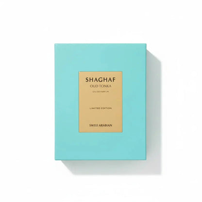 Shaghaf Oud Tonka Eau de Parfum Limited Edition Box, türkis mit goldener Beschriftung, Luxusduft