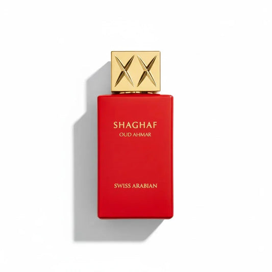 Rotes Parfumflakon Shaghaf Oud Ahmar mit goldener Kappe auf weißem Hintergrund.