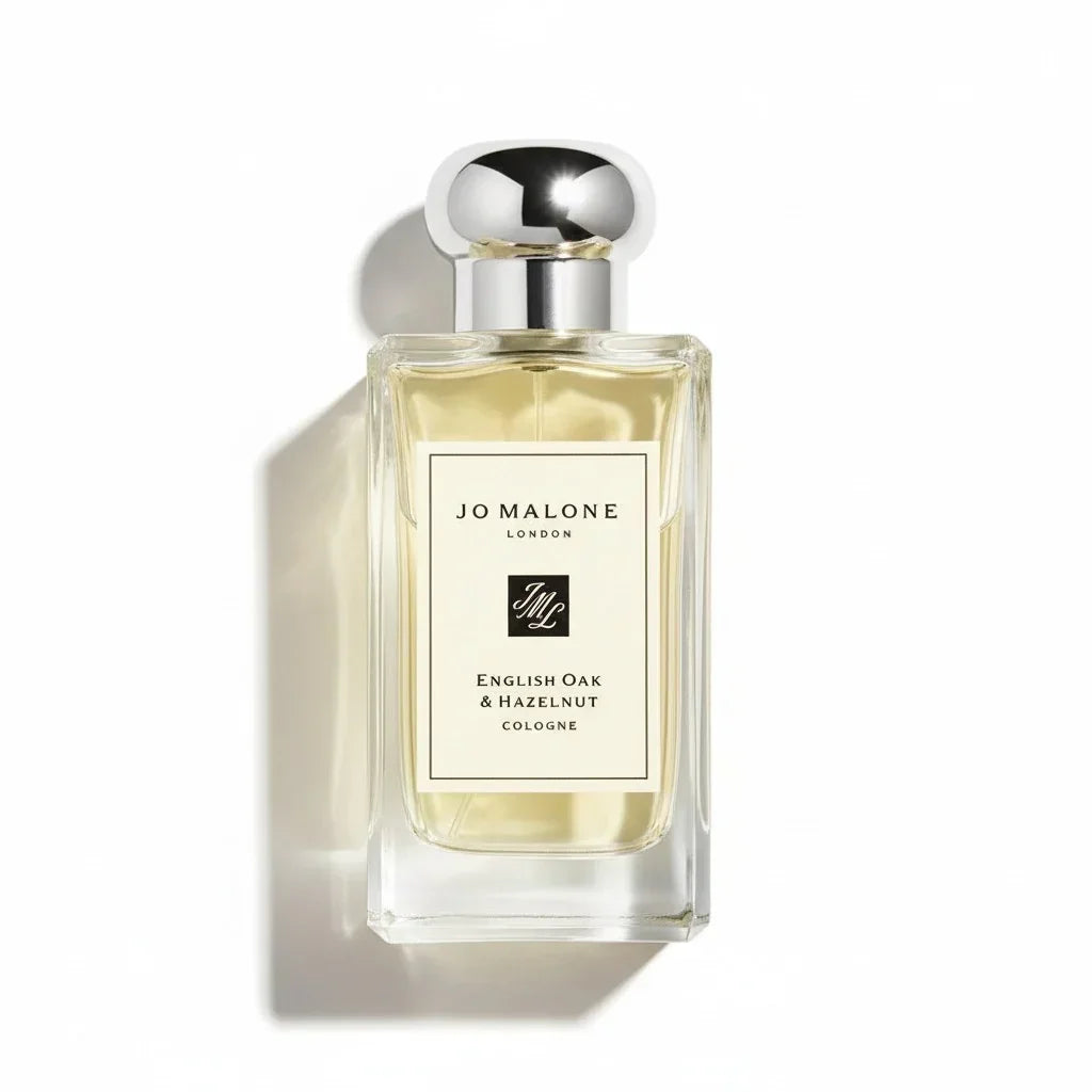Ein rechteckiger Glasflakon des Jo Malone Cologne English Oak & Hazelnut mit silbernem Verschluss.