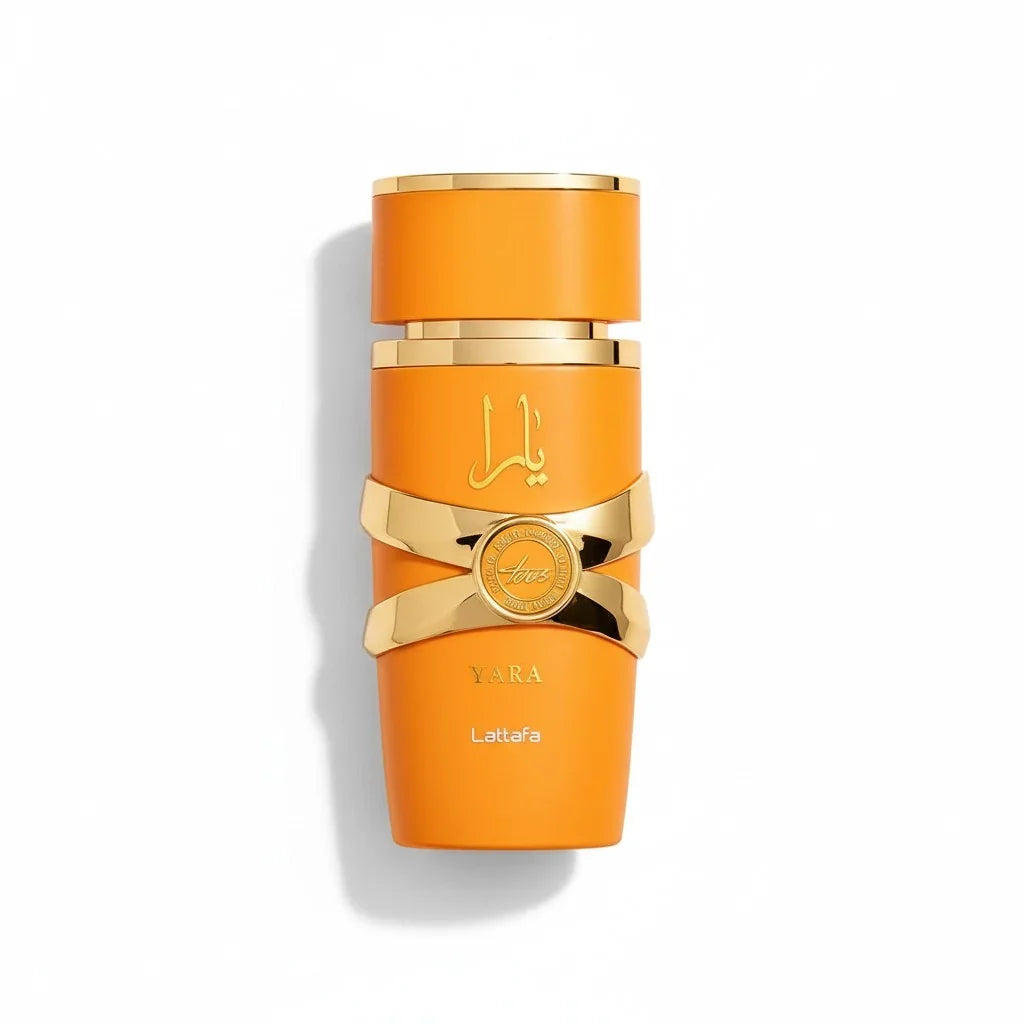 Lattafa Yara Tous Eau de Parfum in einem orangefarbenen Flakon mit goldenen Details.