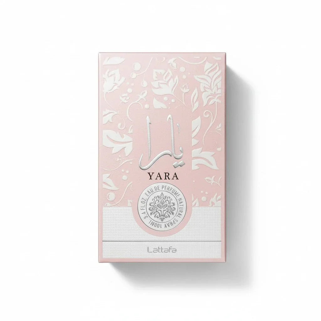 Yara Eau de Parfum Verpackung, rosa, mit floralen Elementen für Damen-Duft