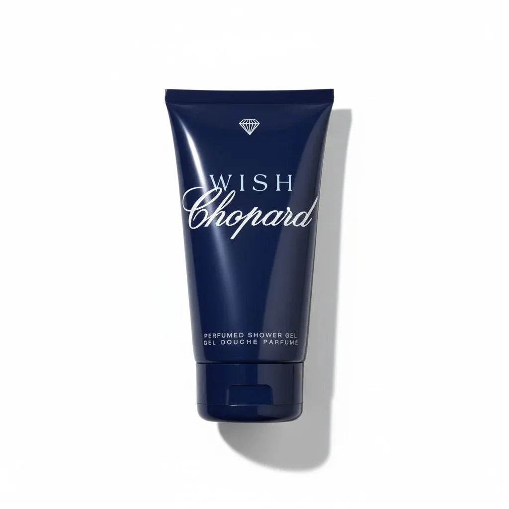 Dunkelblaue Tube des Chopard Wish Perfumed Shower Gel Duschgels auf weißem Hintergrund.