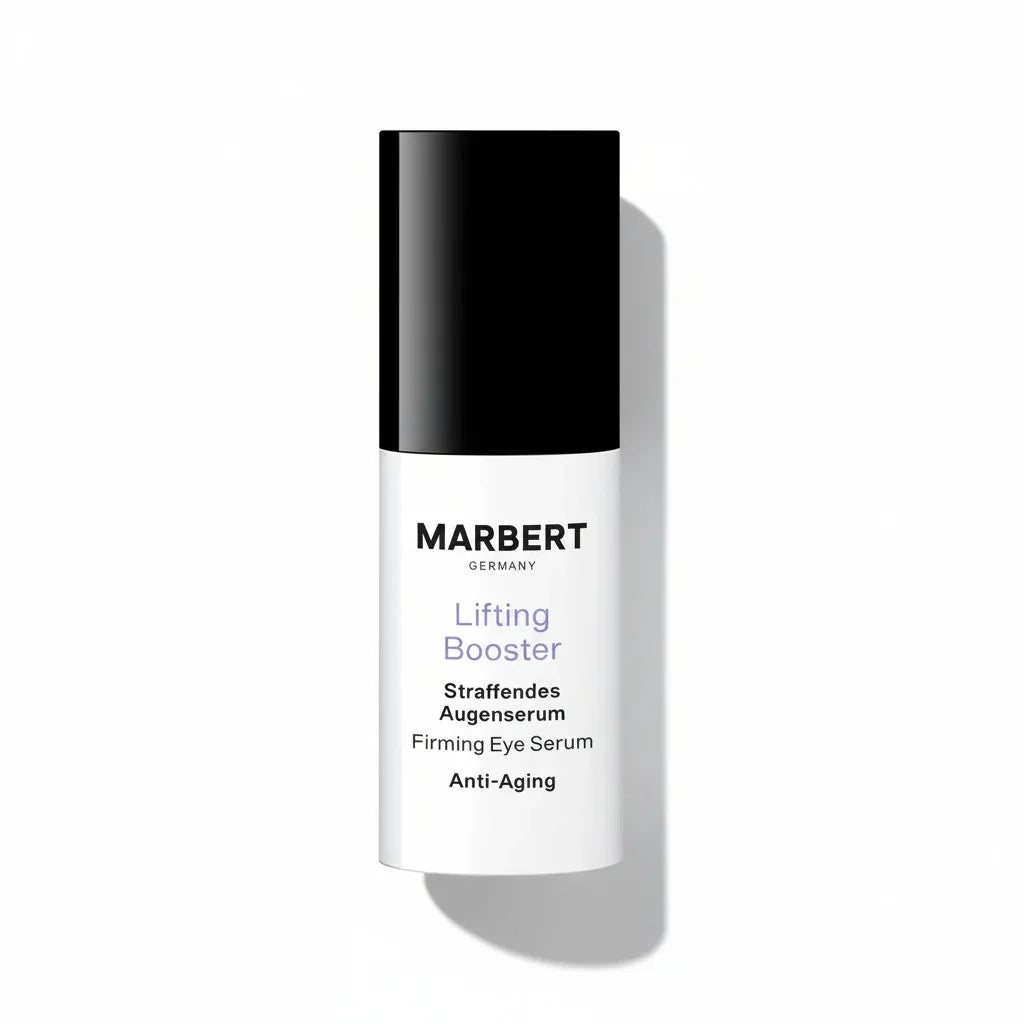 Marbert Lifting Booster Firming Eye Serum in einer weißen Flasche mit schwarzem Verschluss.