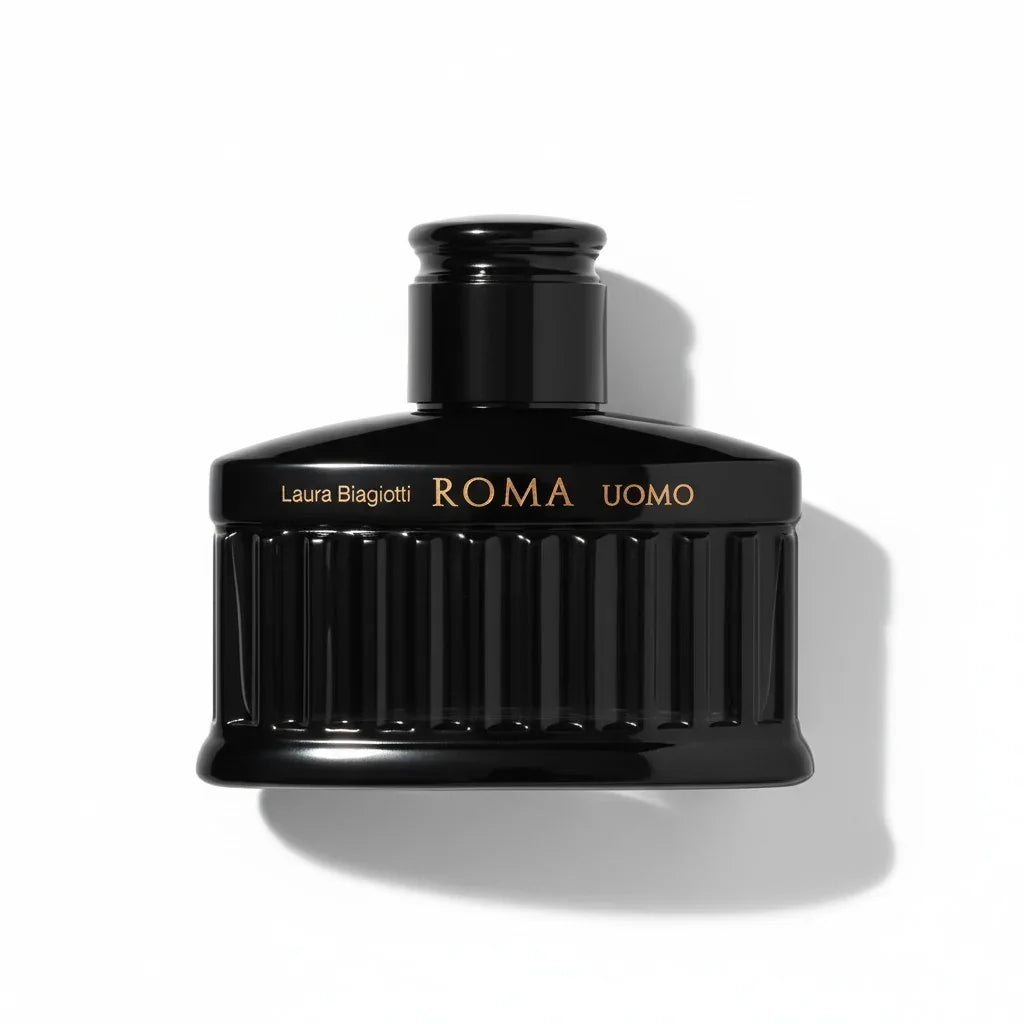 Schwarzer Parfumflakon von Laura Biagiotti Roma Uomo mit geripptem Design.