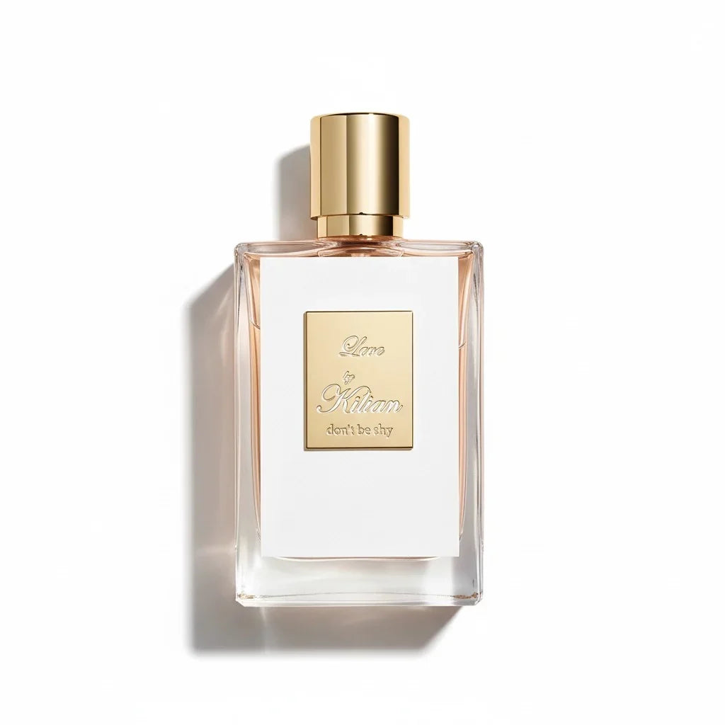 Ein rechteckiger Glasflakon des Kilian Love don't be shy Eau de Parfum mit goldenem Verschluss.