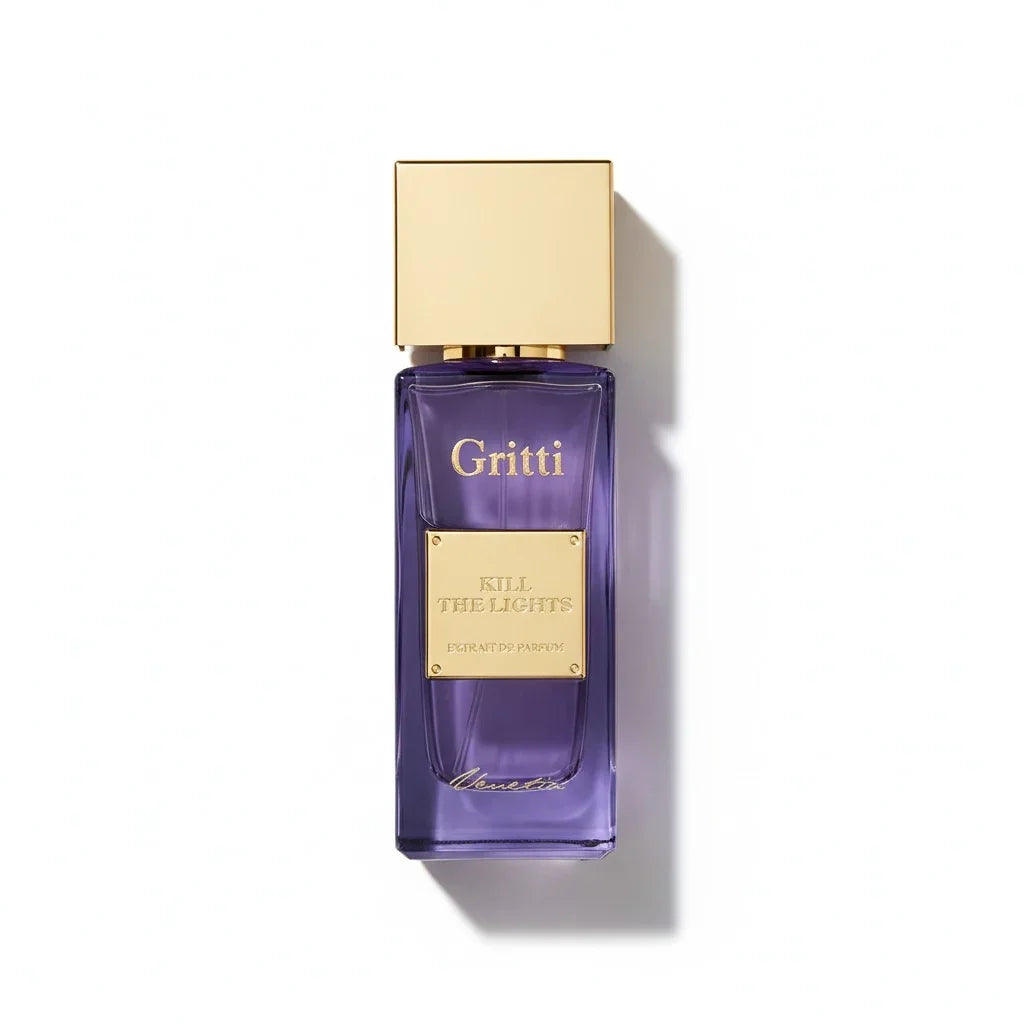 Lila Glasflakon des Gritti Kill The Lights Parfums mit goldenem Verschluss.