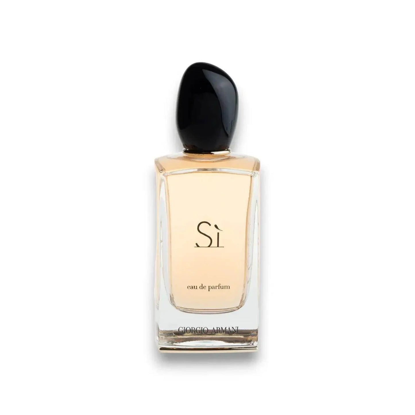 Elegantes Parfumflakon mit beigem Duft und schwarzem Verschluss, Aufschrift 'Sì eau de parfum'.