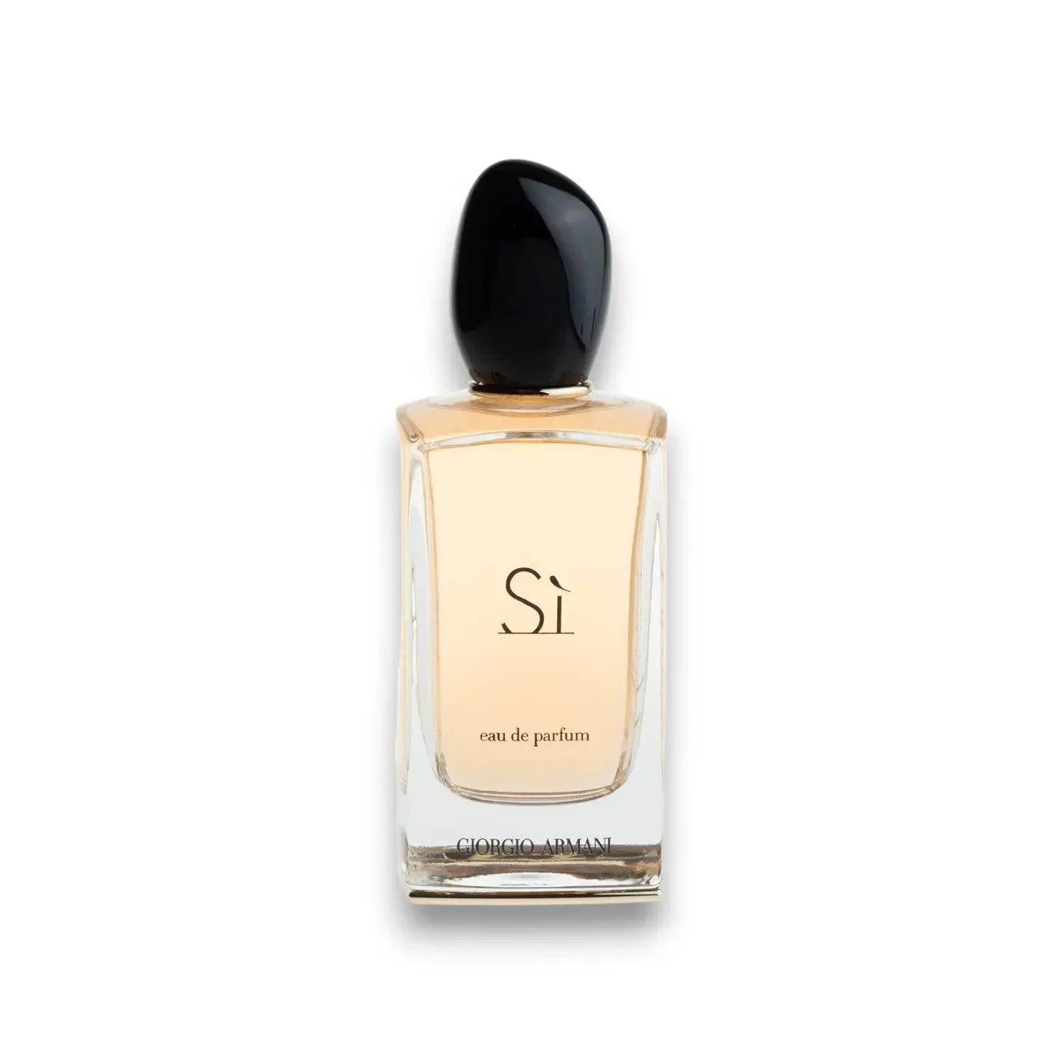 Elegantes Parfumflakon mit beigem Duft und schwarzem Verschluss, Aufschrift 'Sì eau de parfum'.