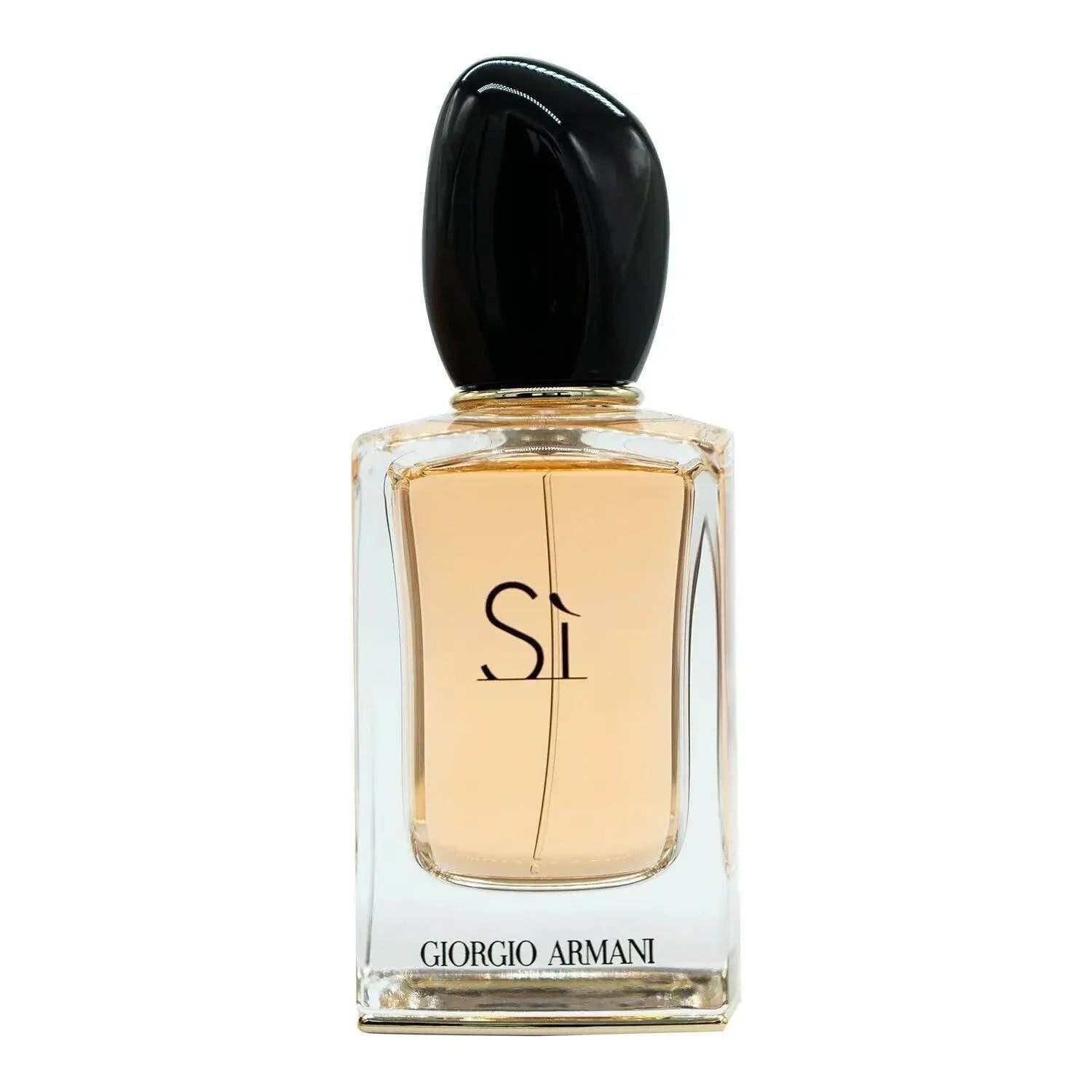Si Eau de Parfum Flakon mit goldener Flüssigkeit und schwarzem Deckel, Damenparfum