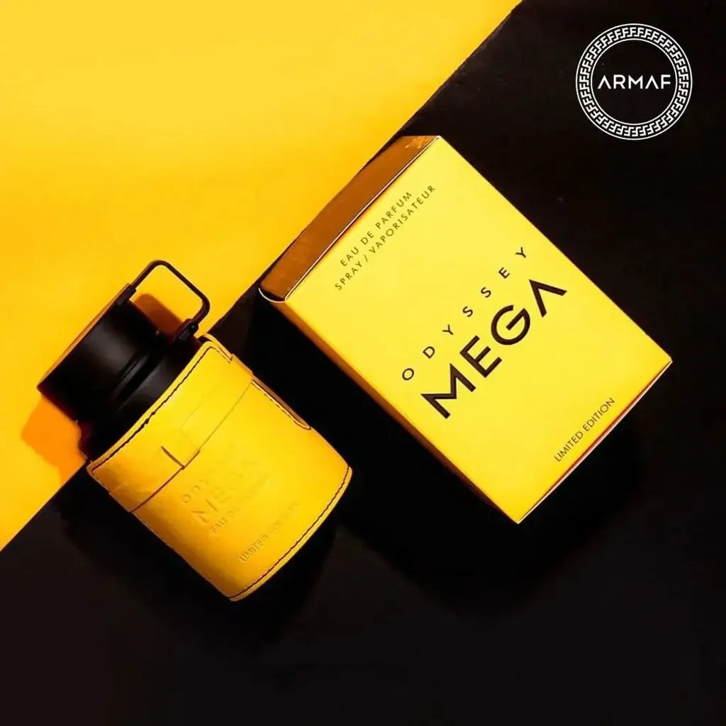 Gelbe Parfumflasche und Verpackung Armaf Odyssey Mega Limited Edition auf gelb-schwarzem Hintergrund