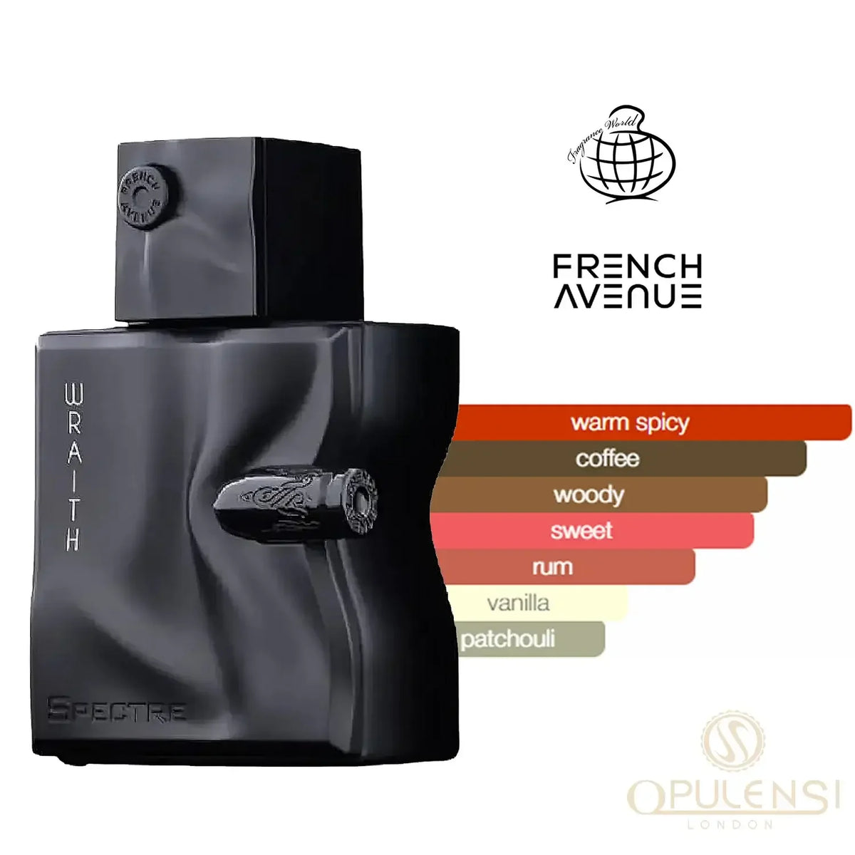 Schwarzer Designer-Parfumflakon WRAITH mit Duftprofil, warm würzig, Kaffee, holzig, süß, Rum, Vanille, Patchouli.