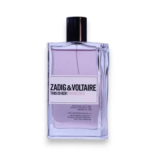 Transparenter Eau de Parfum Flakon mit lila Flüssigkeit, Aufschrift ZADIG & VOLTAIRE THIS IS HER! UNDRESSED