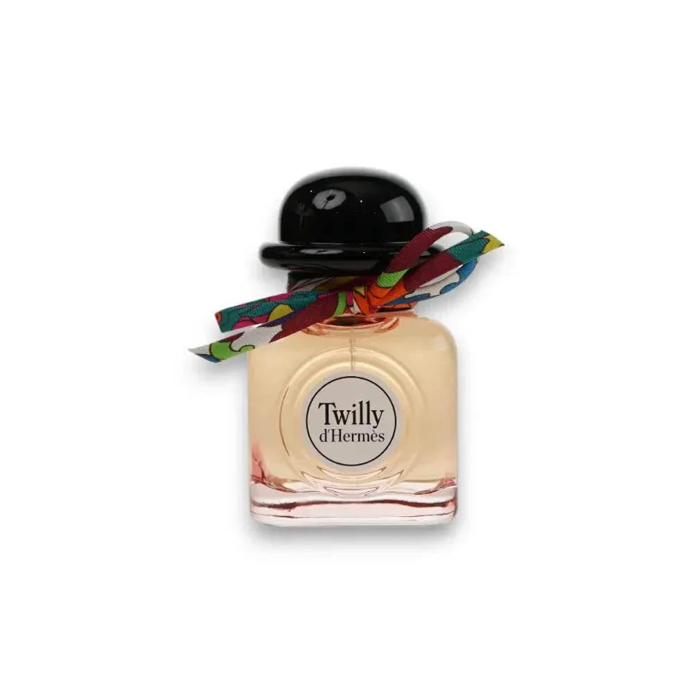 Twilly d'Hermès Eau de Parfum Flakon mit schwarzem Deckel und buntem Band, Luxusduft