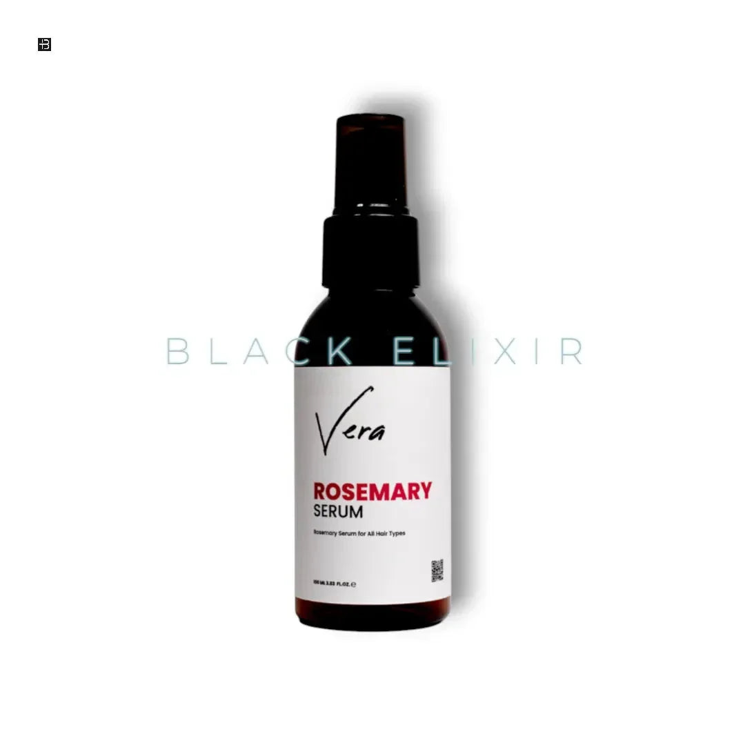 Schwarzes Vera Rosemary Serum Sprayflasche für alle Haartypen auf weißem Hintergrund