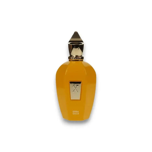 Gelber Luxusparfum-Flakon mit goldener Kappe und Label, Aufschrift Erba Gold.