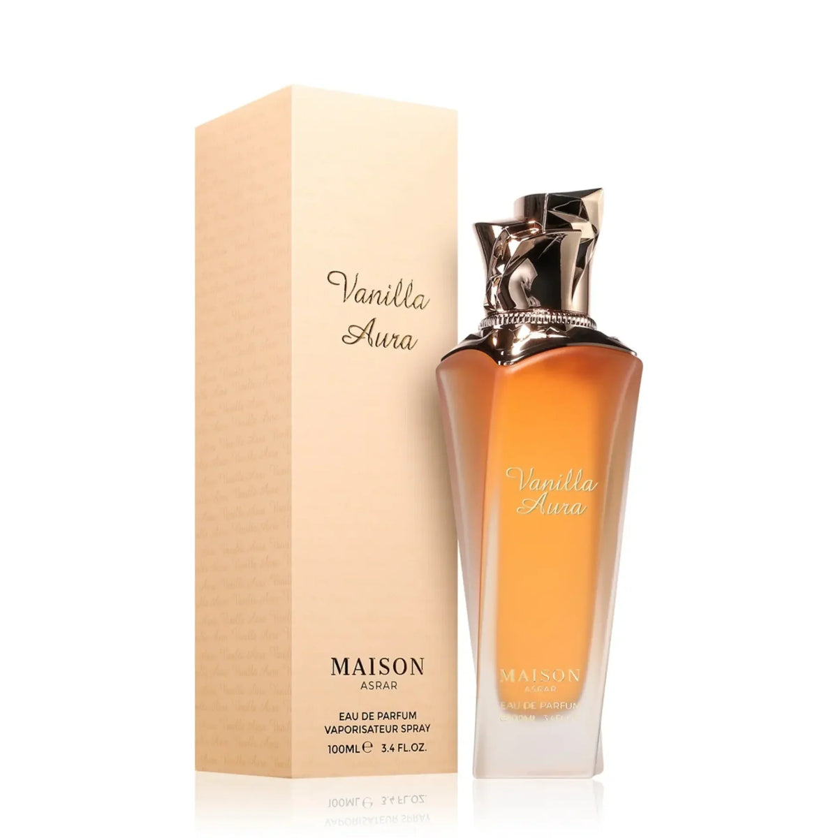 Edles Parfüm Vanilla Aura 100ml EDP mit goldener Verschlusskappe und passender Box