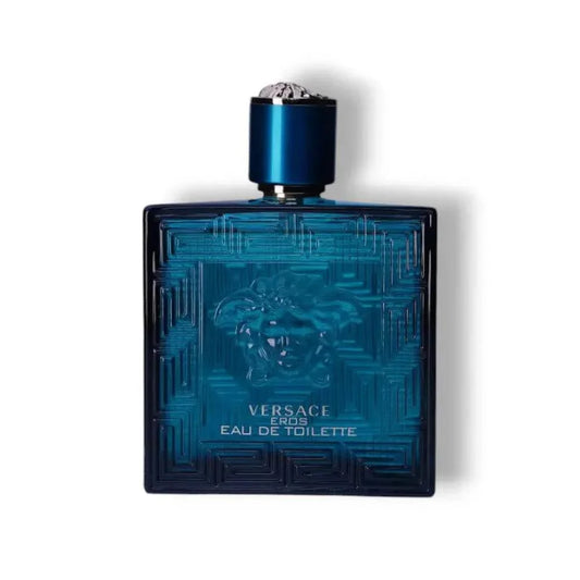 Blauer Versace Eros Eau de Toilette Flakon mit Medusa-Logo auf weißem Hintergrund