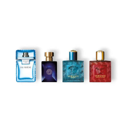 Herren Parfüm Miniaturen Set, vier bunte Flacons auf weißem Hintergrund, luxuriöses Design