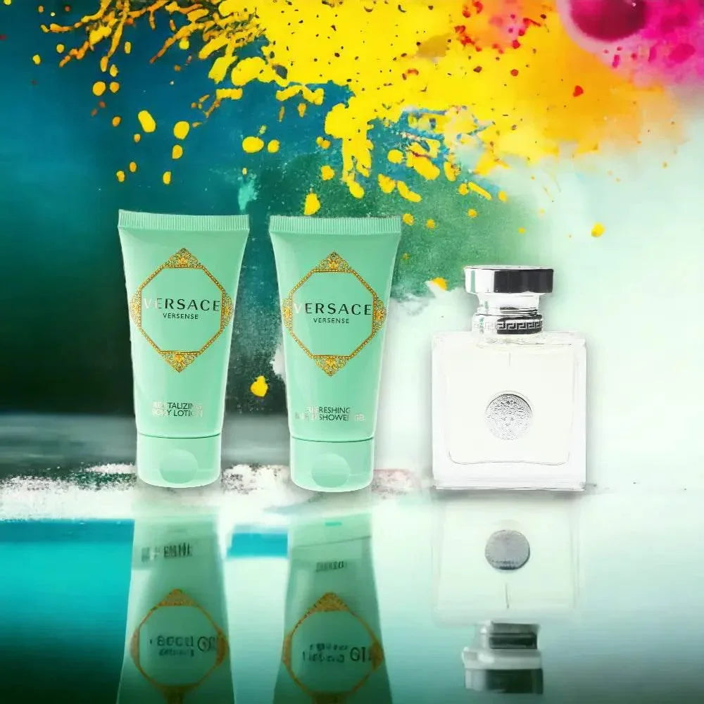 Versense Duftset mit Eau de Toilette, Bodylotion und Duschgel vor buntem Hintergrund