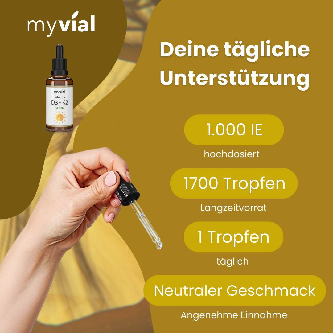 myvial Vitamin D3 + K2 Tropfen Flakon mit Pipette und Produktvorteilen auf gelbem Hintergrund.