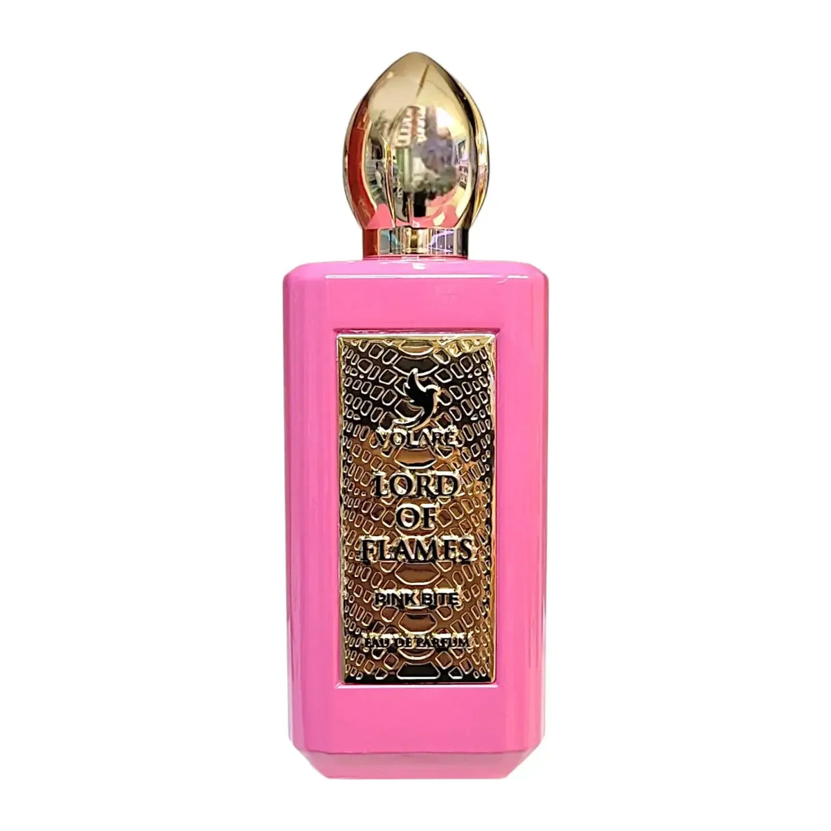 Luxus Damenparfum Flakon in Pink mit goldfarbenem Verschluss und geprägtem Etikett