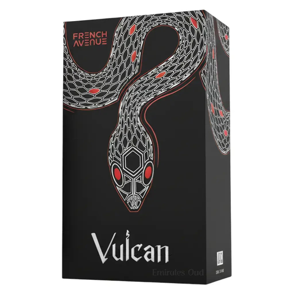 Edle Vulcan Parfumverpackung mit stilisiertem Schlangenmotiv auf schwarzem Hintergrund, 100ml