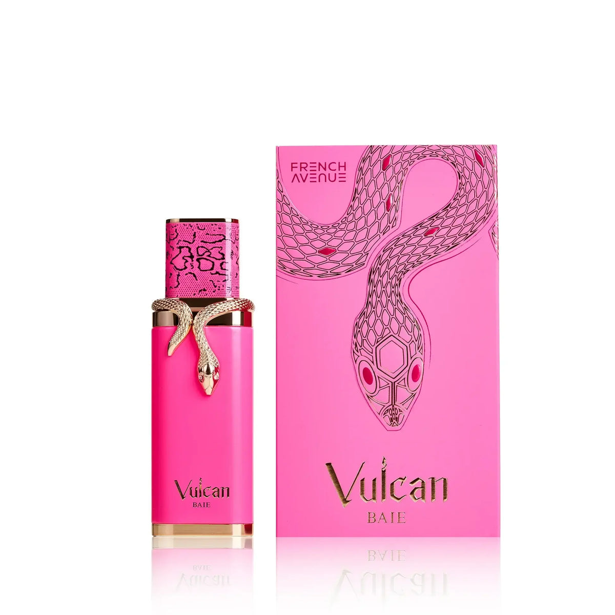 Luxusparfum Vulcan Baie in pinker Verpackung mit goldener Schlangenverzierung