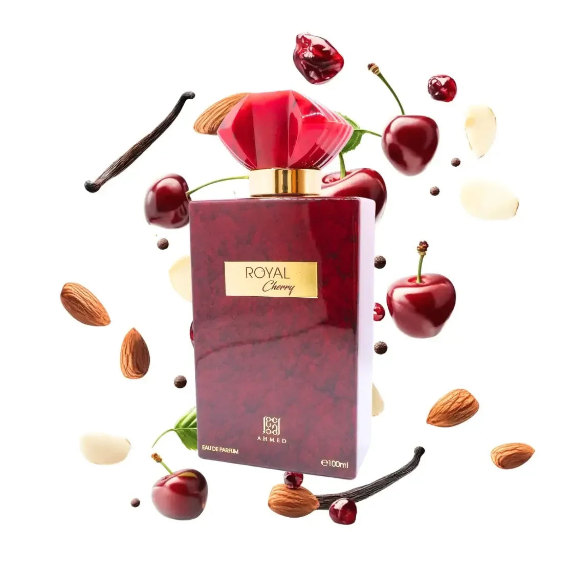 Luxusparfum Royal Cherry mit Kirschen, Mandeln, Vanilleschoten und Pfeffer auf weißem Hintergrund