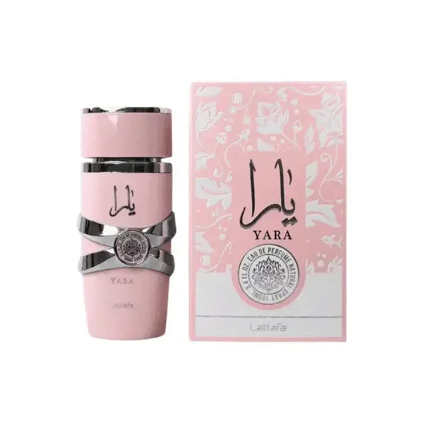 Edles rosa Parfüm Yara mit verziertem Flakon und passender Geschenkverpackung