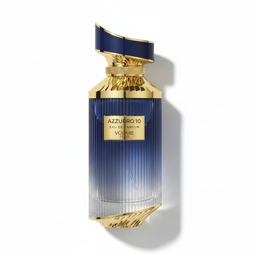 Blauer Volare Azzurro 10 Eau de Parfum Flakon mit goldenen Verzierungen.