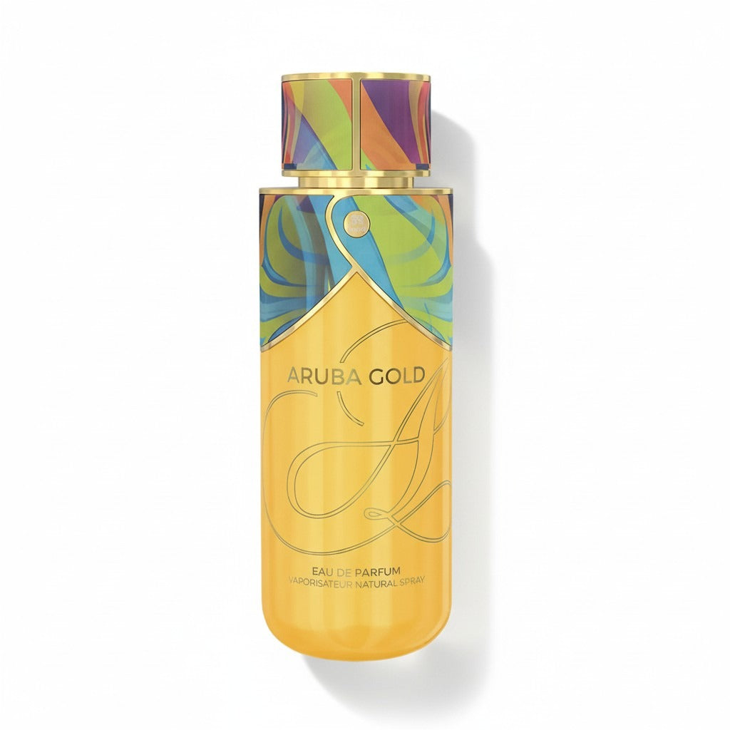 Emper Aruba Gold Eau de Parfum Flakon in Gold mit farbenfrohem Muster.