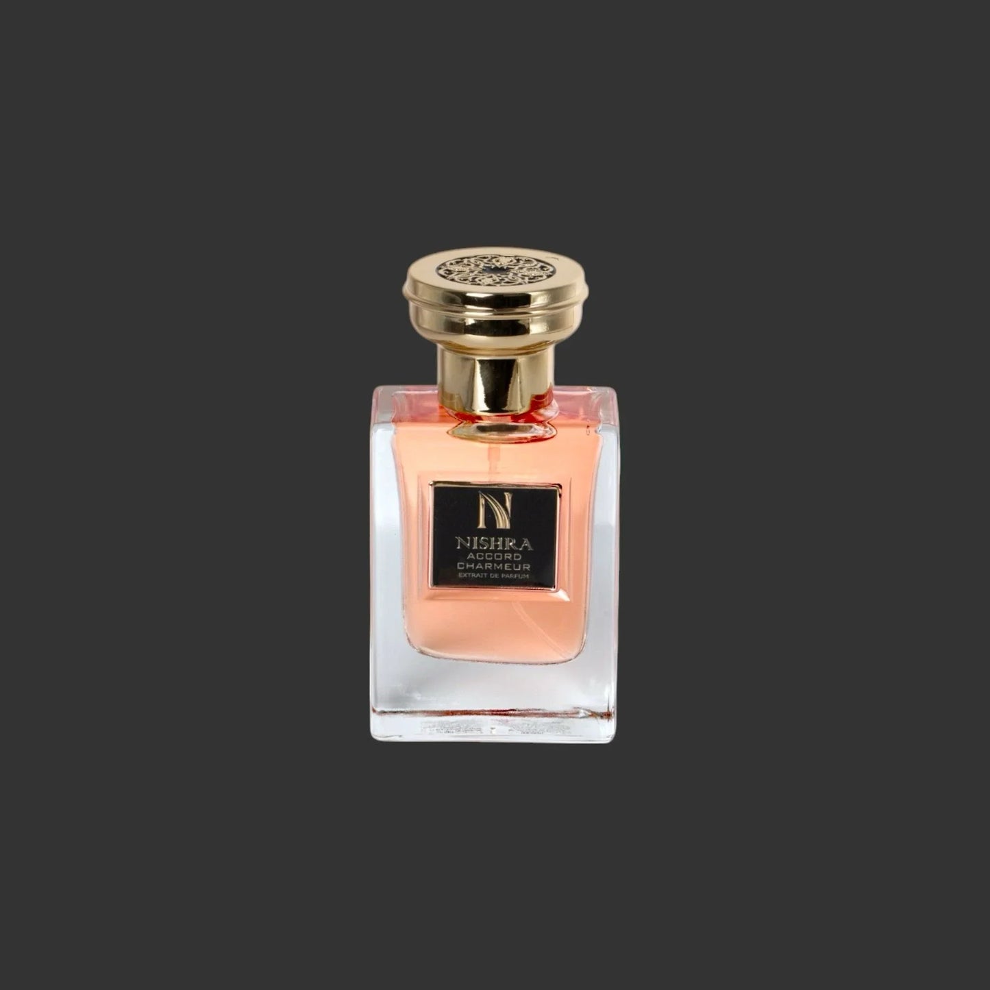 Luxus Parfumflakon mit goldener Kappe und rosafarbenem Duft, NISHRA ACCORD CHARMEUR
