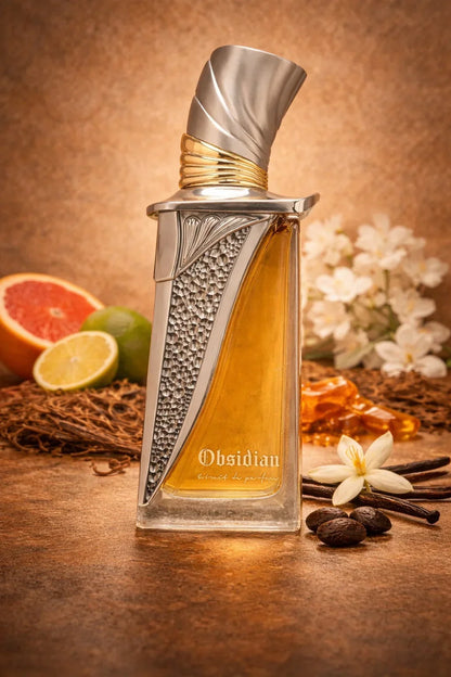 Luxus Parfumflakon Obsidian mit Zitrusfrüchten, Vanilleblüten und Kaffeebohnen, elegant inszeniert