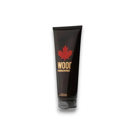 DSQUARED2 Wood Bath & Shower Gel Tube mit rotem Ahornblatt auf weißem Hintergrund