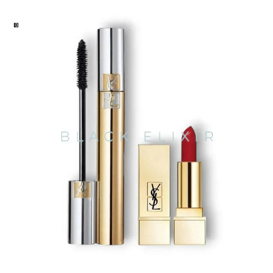 Luxus Make-up Set mit goldener Mascara und rotem Lippenstift auf weißem Hintergrund