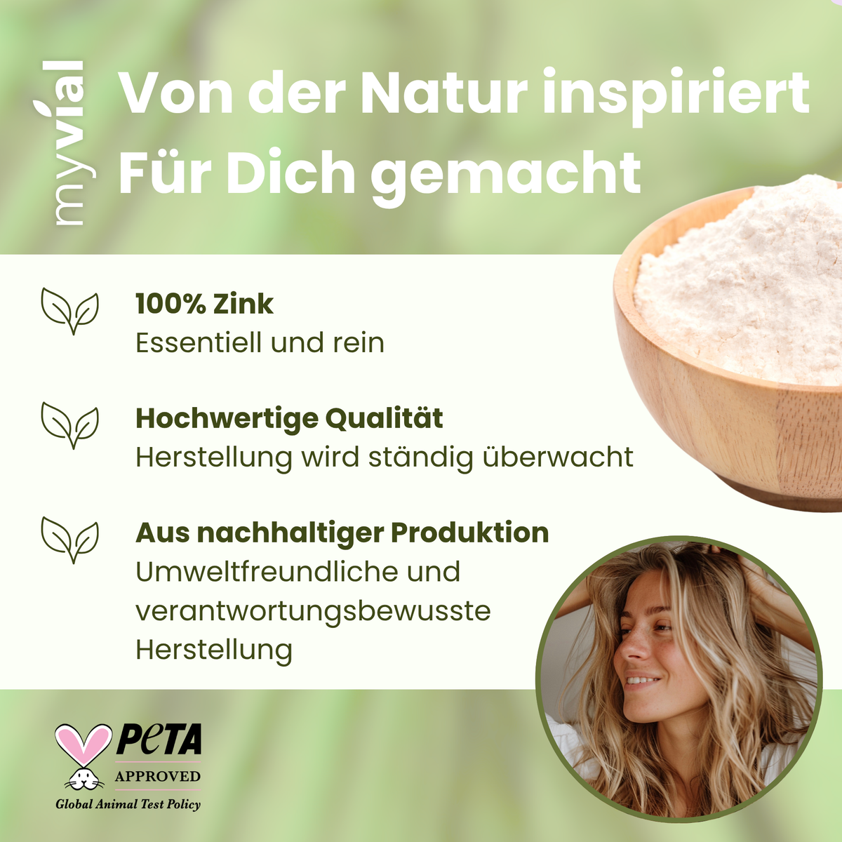 myvial Zink Tabletten: Werbebild mit Zinkpulver in Holzschale und PETA-Logo.