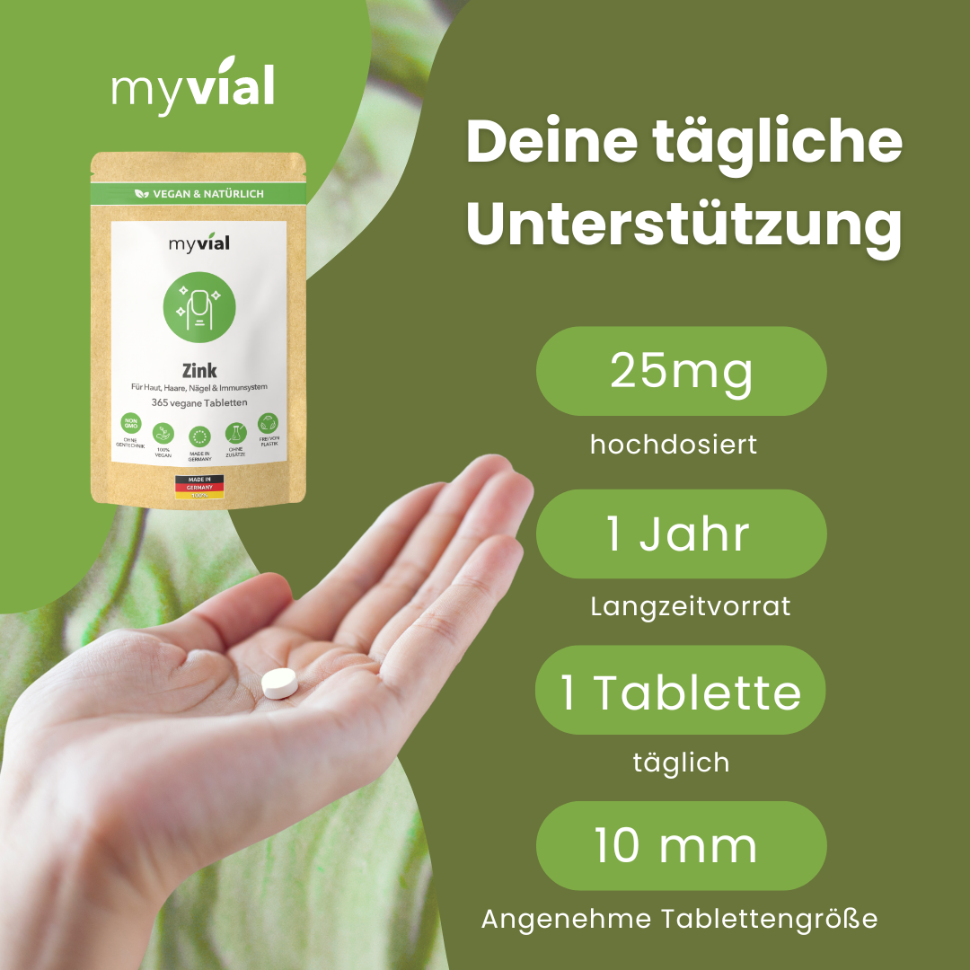 myvial Zink Tabletten in einer Packung und eine einzelne Tablette auf einer Hand.