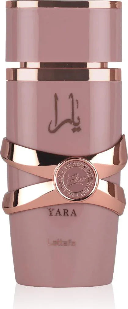 Eleganter rosa Parfumflakon Yara mit goldfarbenen Akzenten, luxuriöses Damenparfum