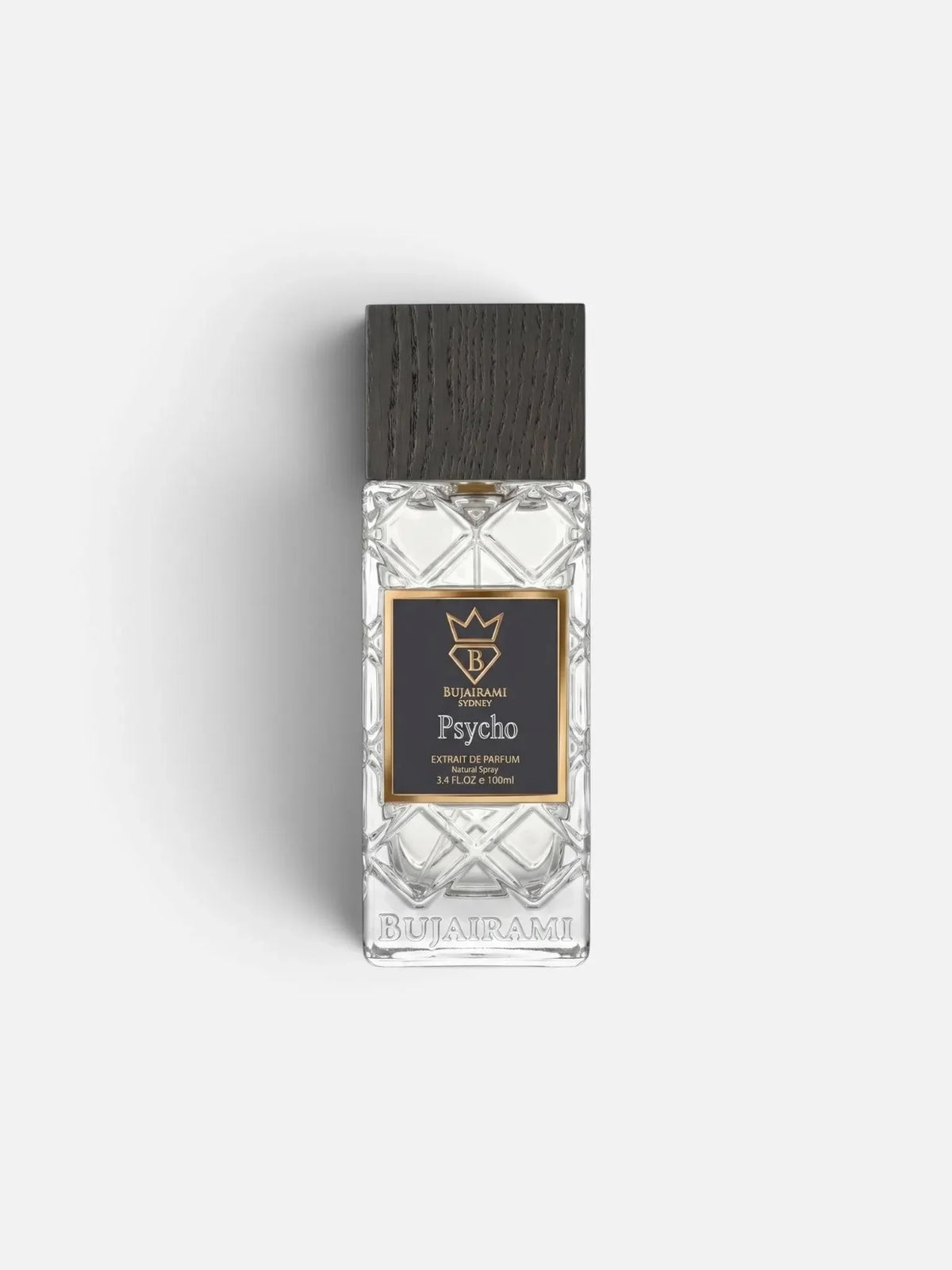Bujairami Psycho Extrait de Parfum Flakon mit dunklem Holzdeckel auf weißem Hintergrund