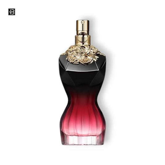 Luxus Damenparfum in eleganter, rot-schwarzer Flakonform mit goldenen Rosenverzierungen