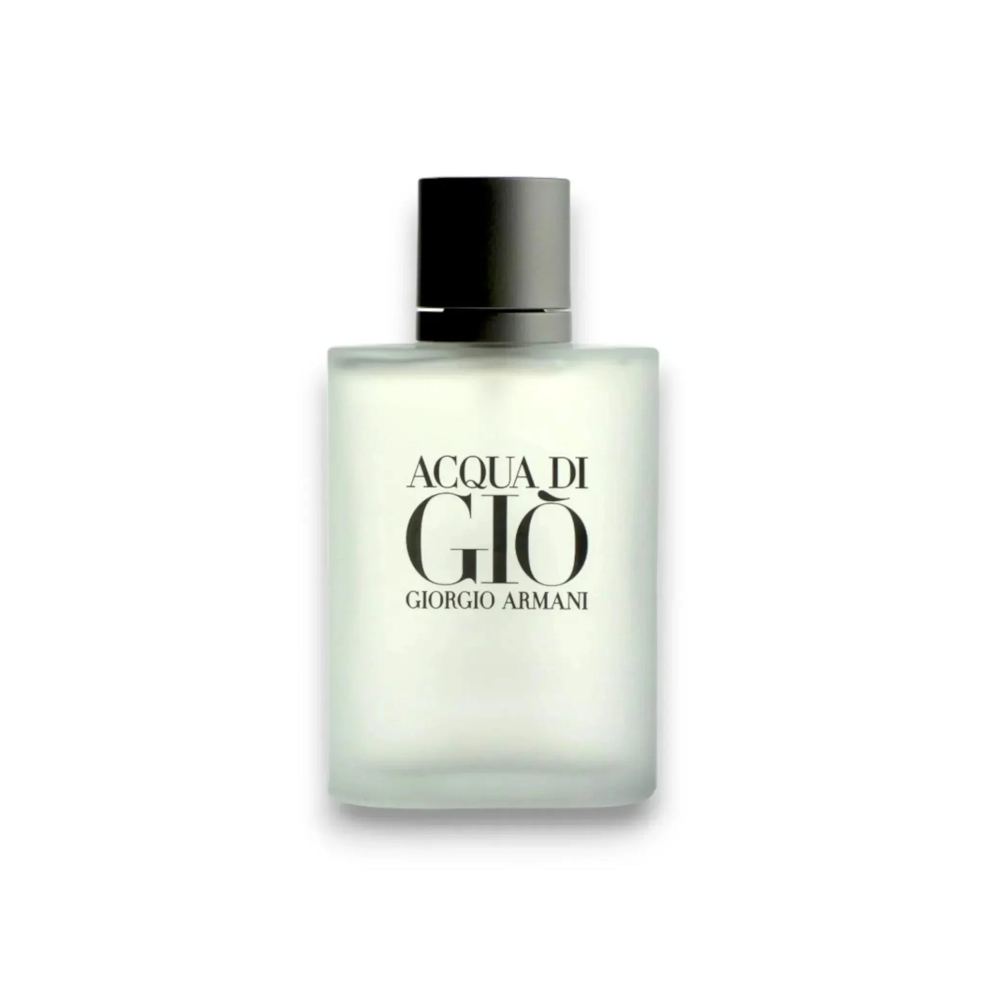 Klares Acqua di Giò Eau de Toilette Parfumflakon mit schwarzem Deckel auf weißem Hintergrund