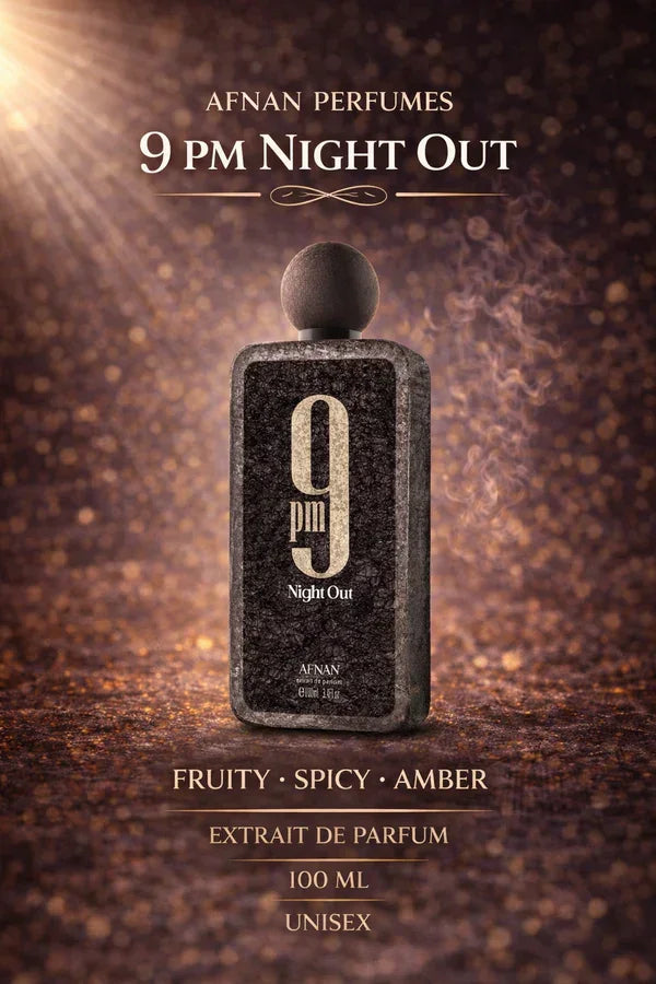 Afnan 9pm Night Out Extrait de Parfum 100ml Unisex Duftflakon, luxuriös, goldener Hintergrund, fruchtig-würzig-amber
