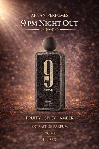 Afnan 9pm Night Out Extrait de Parfum 100ml Unisex Duftflakon, luxuriös, goldener Hintergrund, fruchtig-würzig-amber